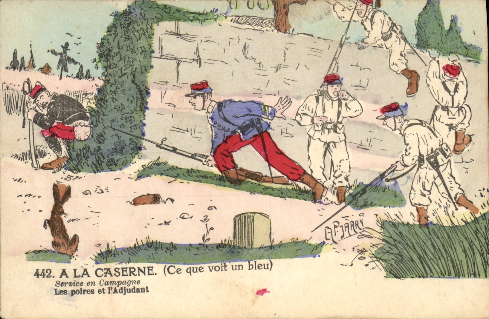 VINTAGE POSTCARD Militaria Fantasy With the barracks what a blue sees the pears of the adjudant