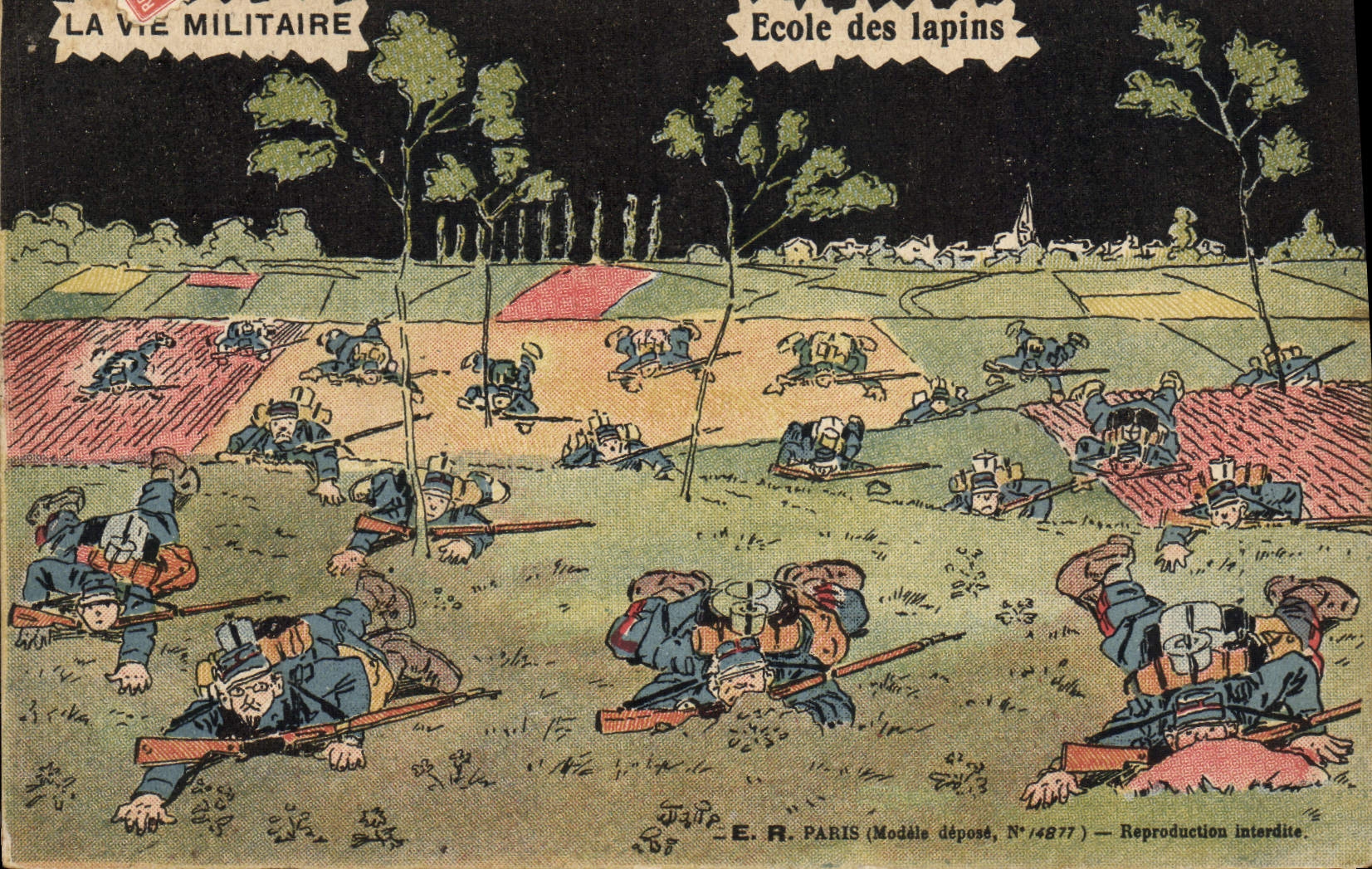 VINTAGE POSTCARD Fantasy Militaria School of rabbits