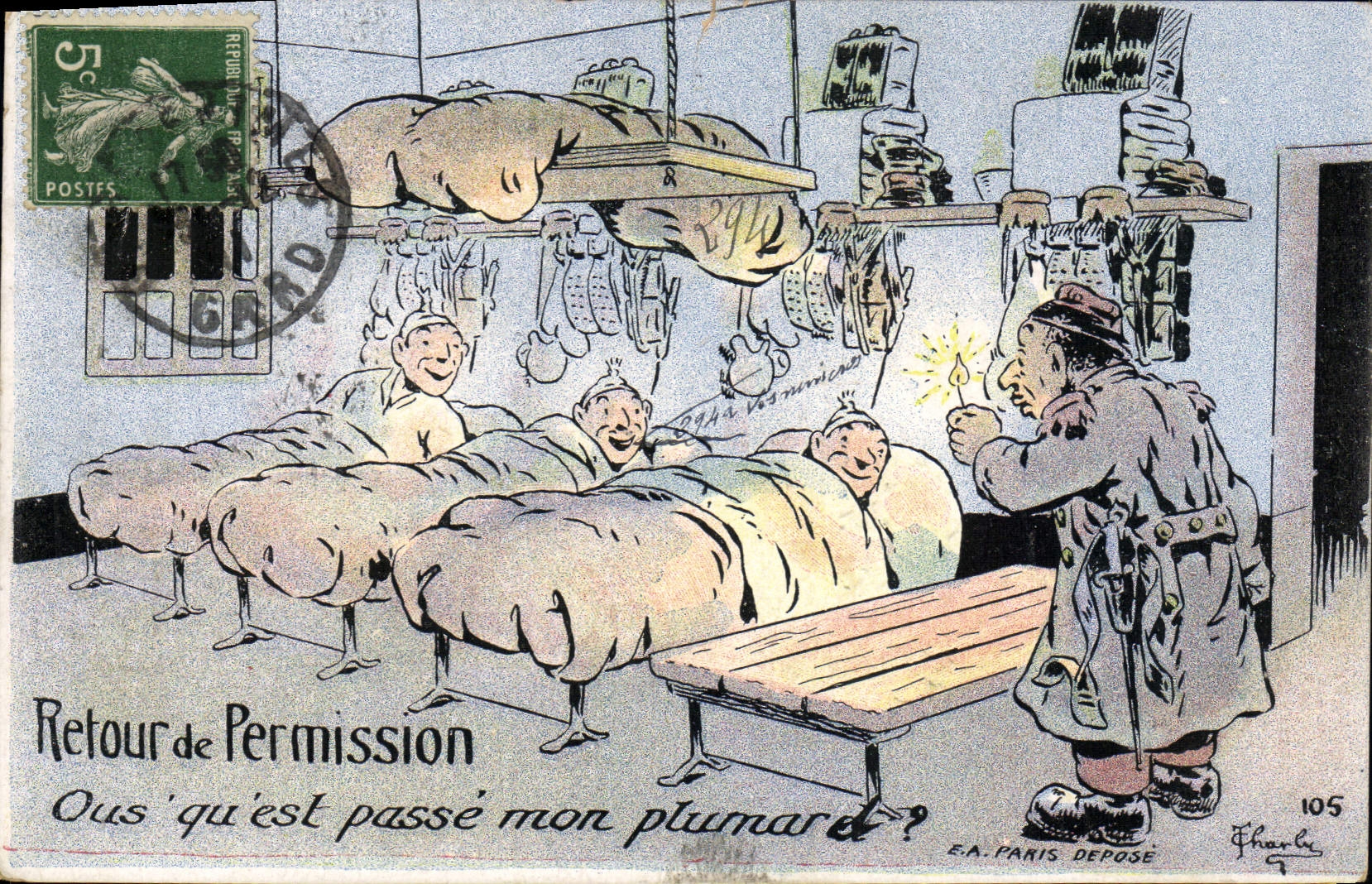 Vuelta de Militaria de la fantasía de la POSTAL de la VENDIMIA del permiso