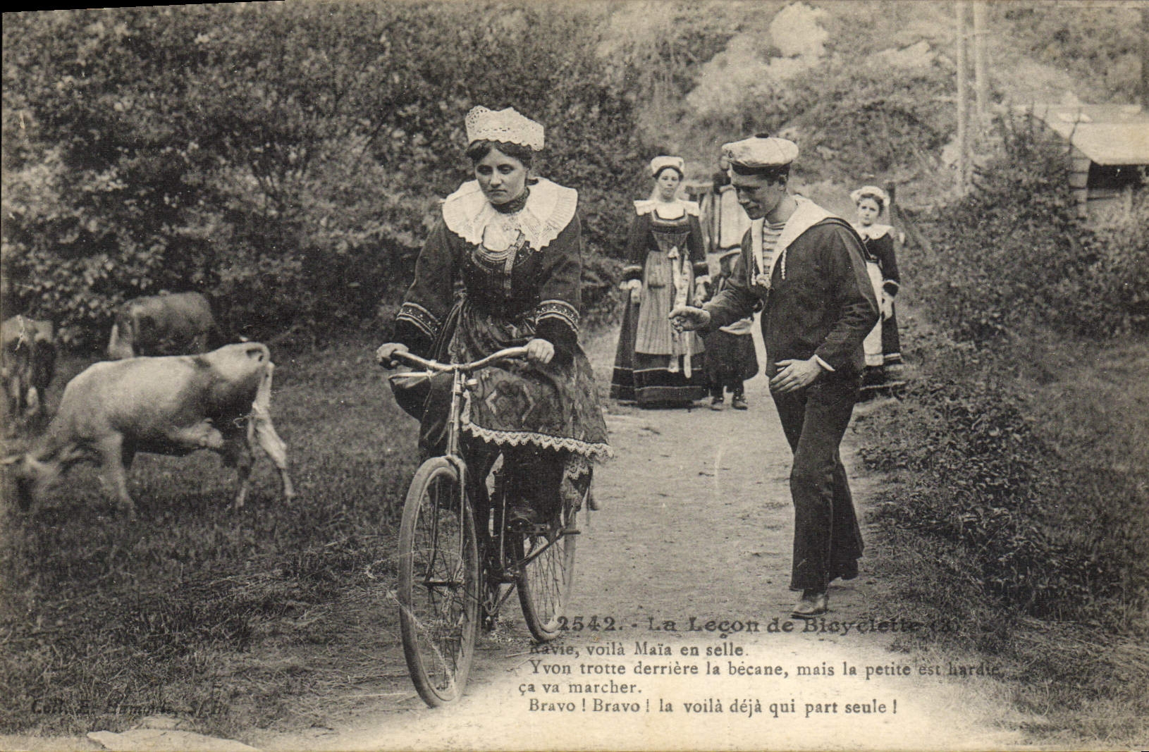 CPA Folklore La lecon de bicyclette Vache Velo Cycle