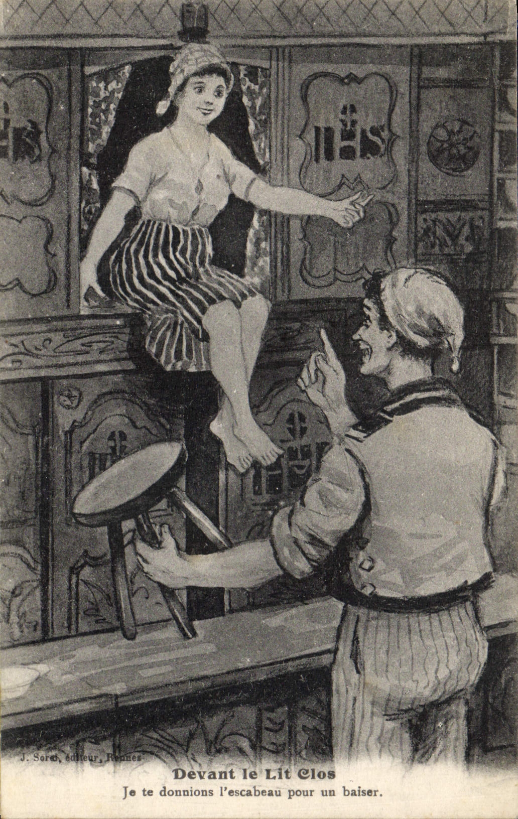 CPA Folklore Devant le lit clos 