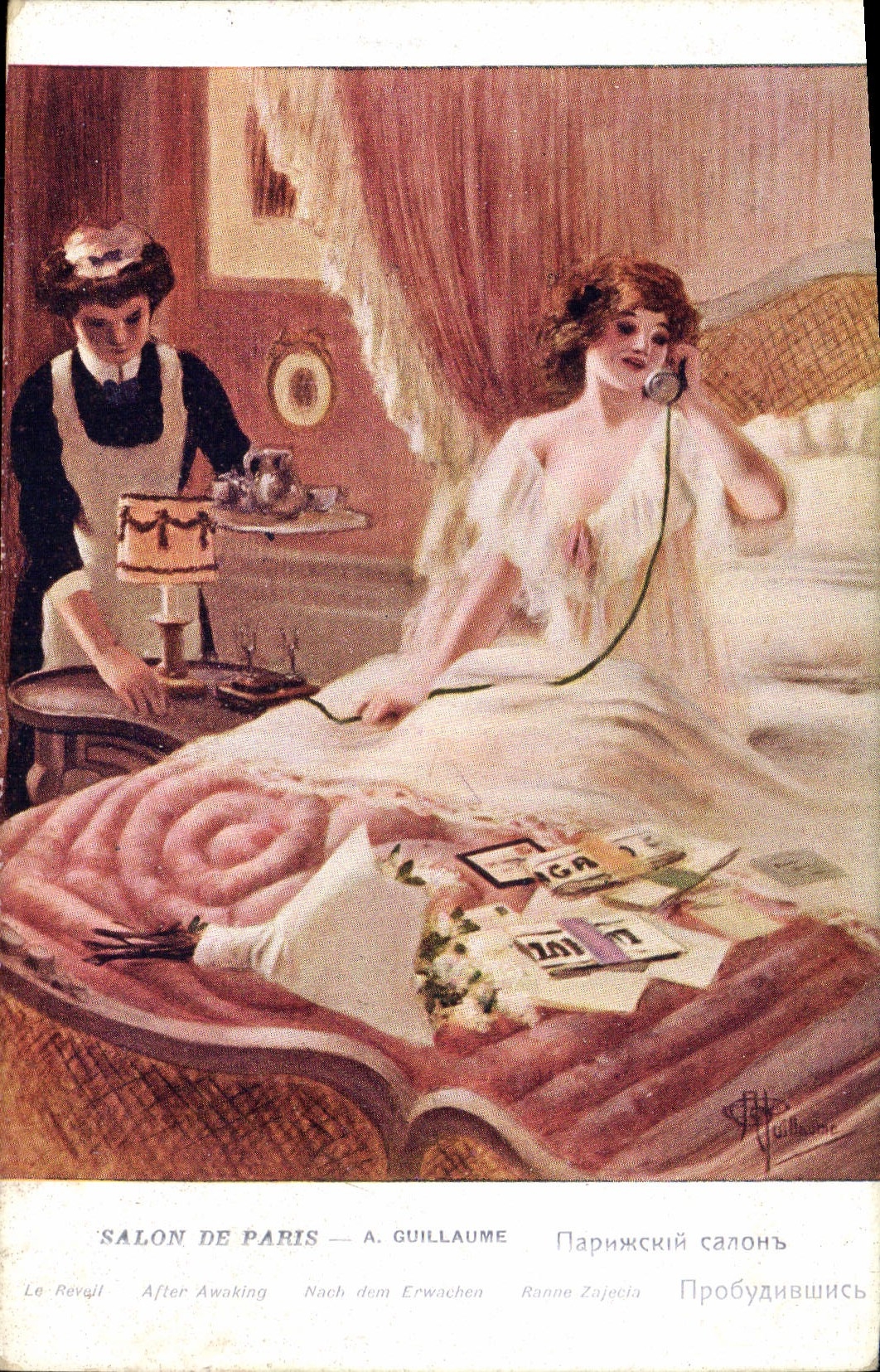 VINTAGE POSTCARD Fantaisie Telephones Woman Living room of Paris Guillaume the alarm clock