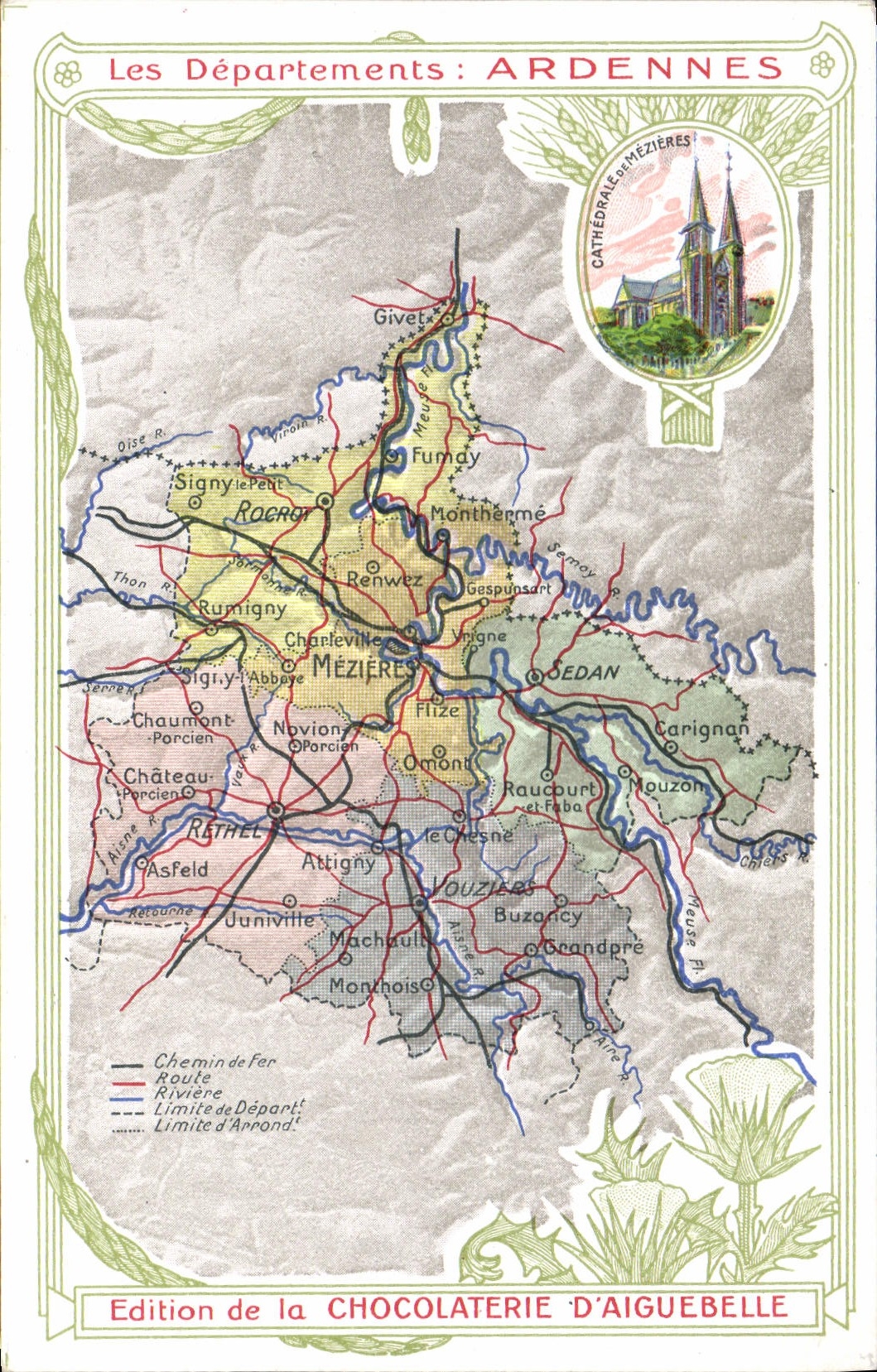 VINTAGE POSTCARD Geographical map Chocolate factory of Aiguebelle the Ardennes