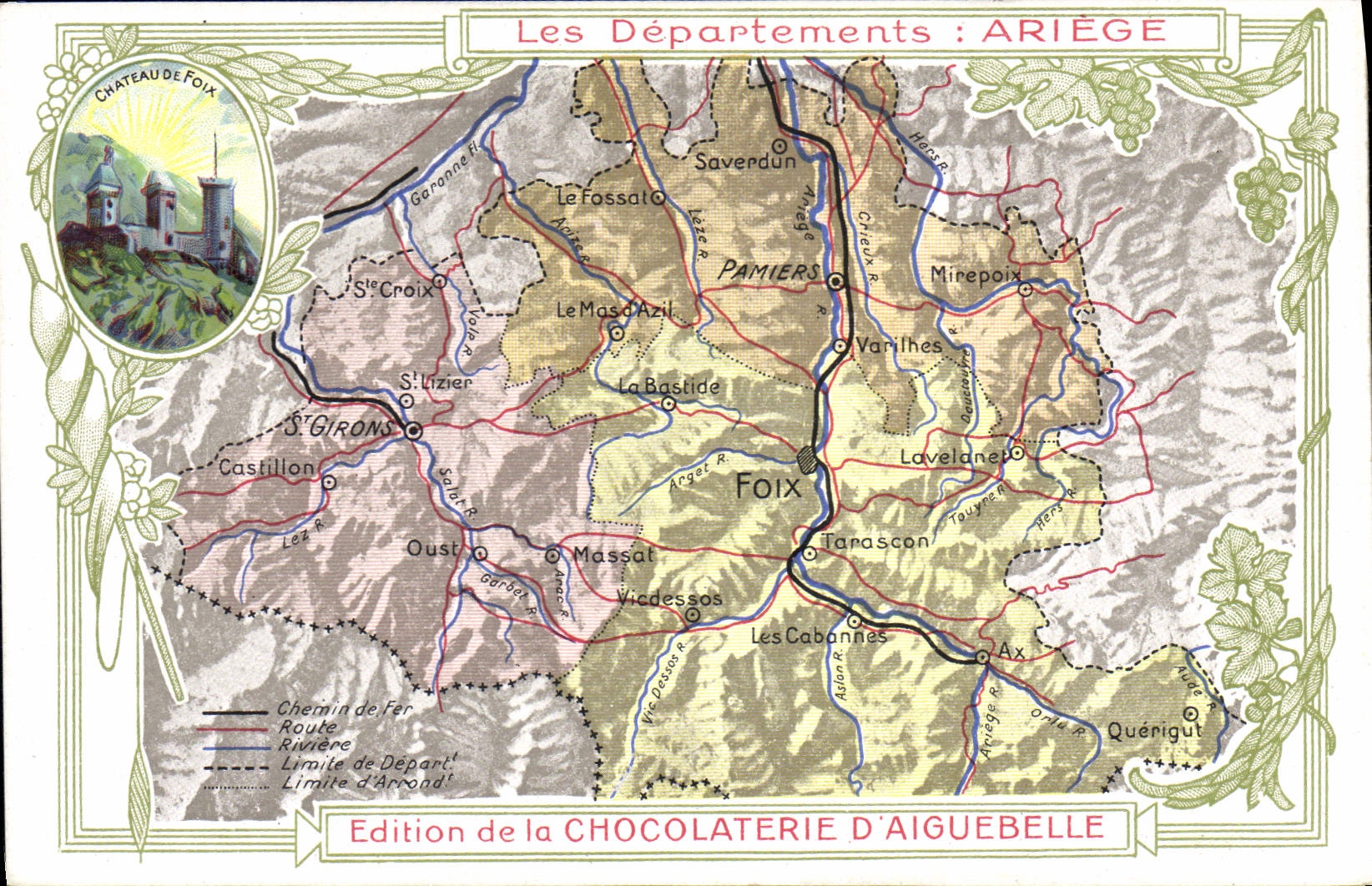 VINTAGE POSTCARD Geographical map Chocolate factory of Aiguebelle Ariège