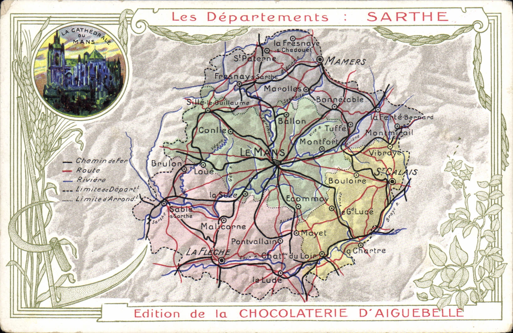 VINTAGE POSTCARD Geographical map Chocolate factory of Aiguebelle the Sarthe