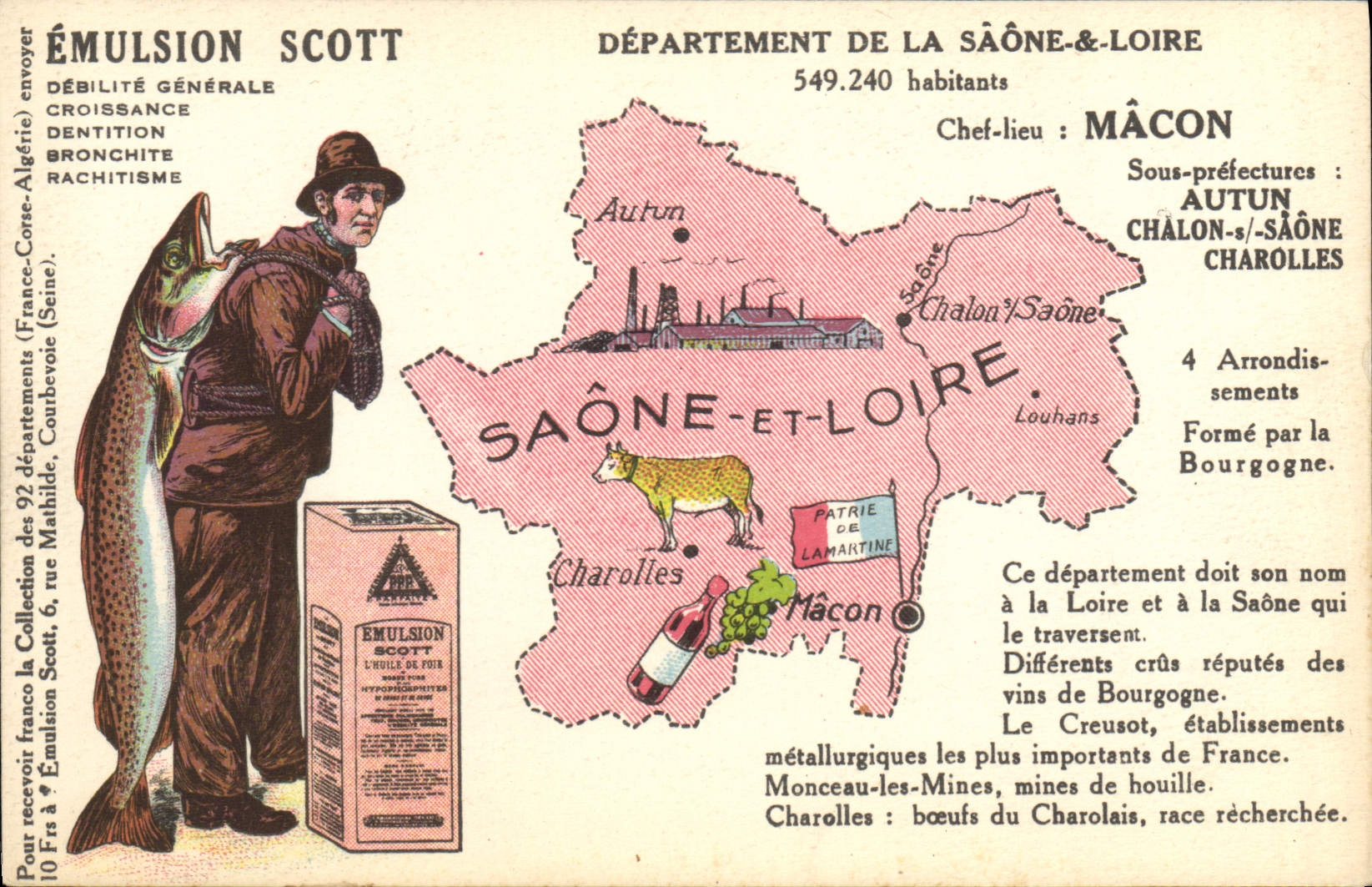 VINTAGE POSTCARD Geographical map the Saone and the Loire Mason Emulsion Scott Poisson