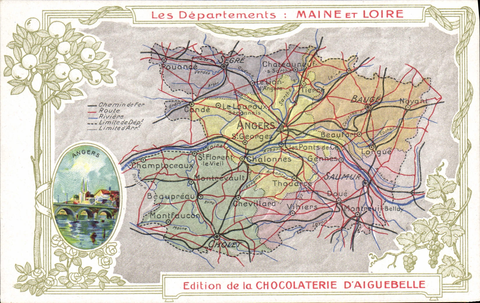 VINTAGE POSTCARD Geographical map Chocolate factory of Aiguebelle Maine and the Loire