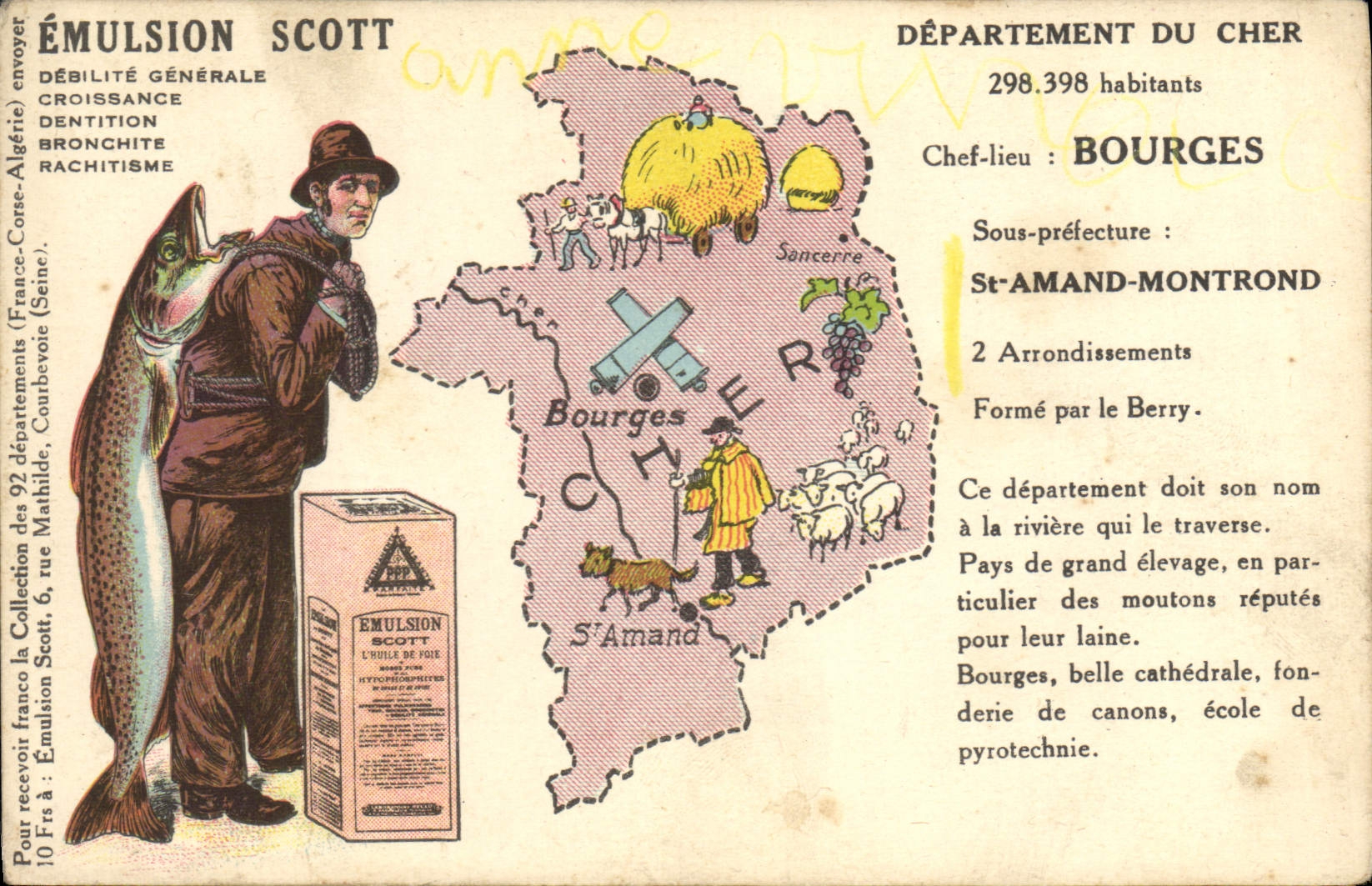 VINTAGE POSTCARD Geographical map Department of Dear Bourges Emulsion Scott Poisson