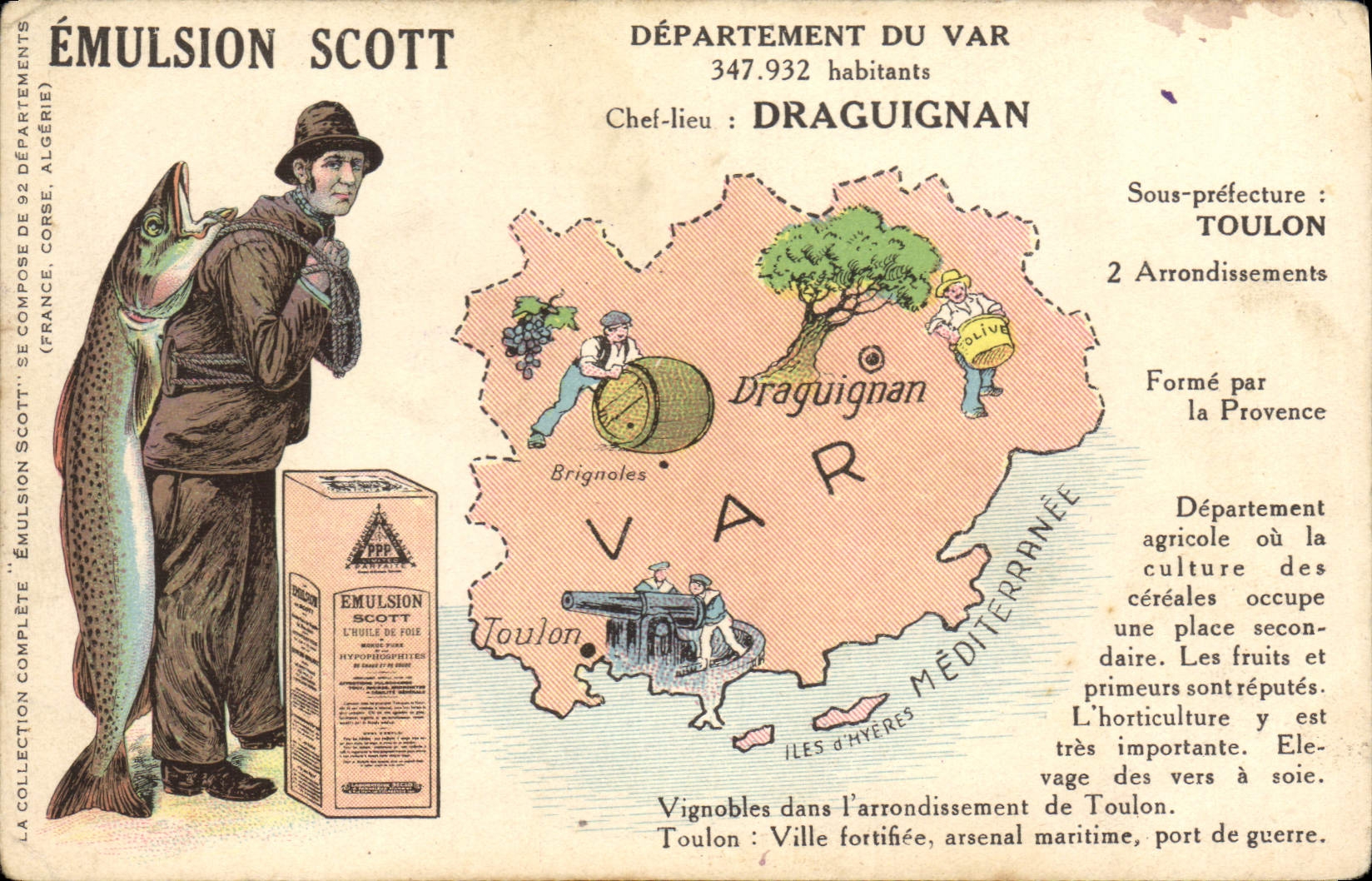 VINTAGE POSTCARD Geographical map Department of the VAr Draguignan Scott Emulsion