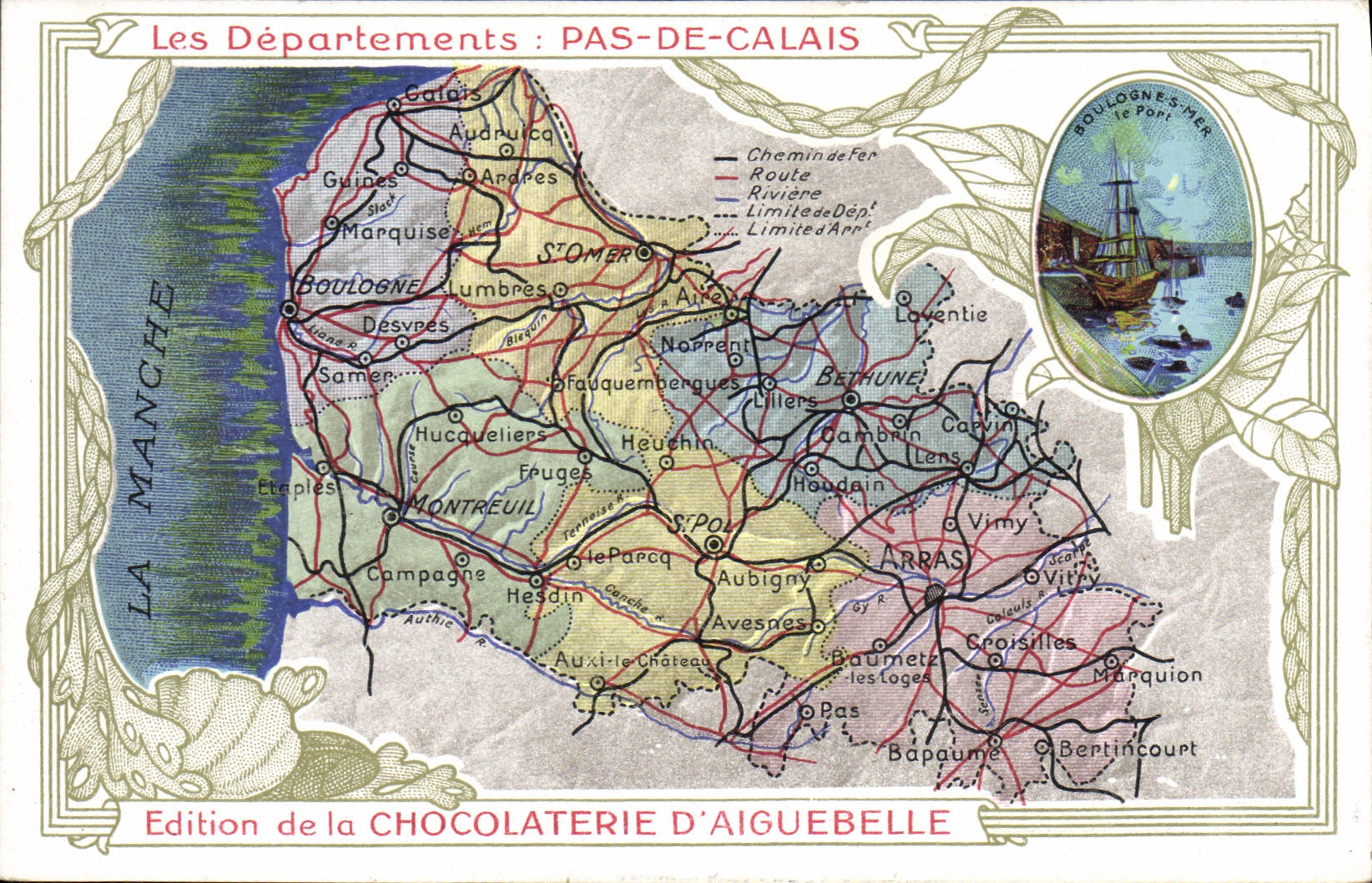 VINTAGE POSTCARD Geographical map Chocolate factory of Aiguebelle Boulogne Pas-de-Calais on Sea