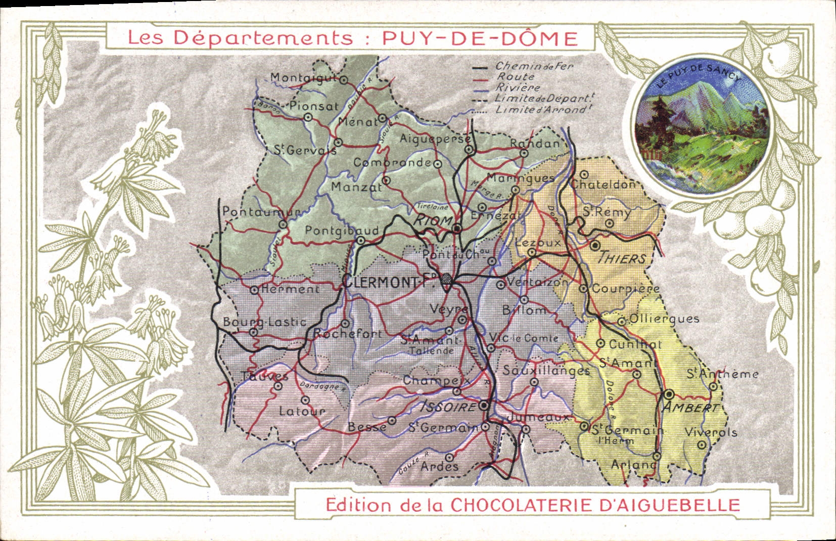 VINTAGE POSTCARD Geographical map Chocolate factory of Aiguebelle Puy-de-dôme Puy de Sancy