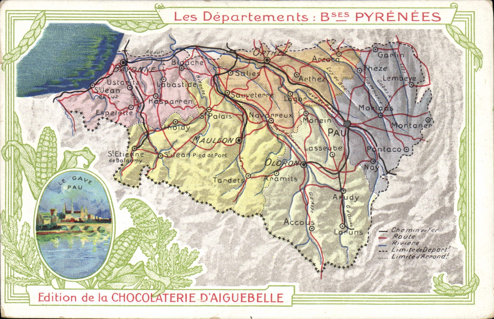VINTAGE POSTCARD Geographical map Chocolate factory of Aiguebelle the Low Pyrenees