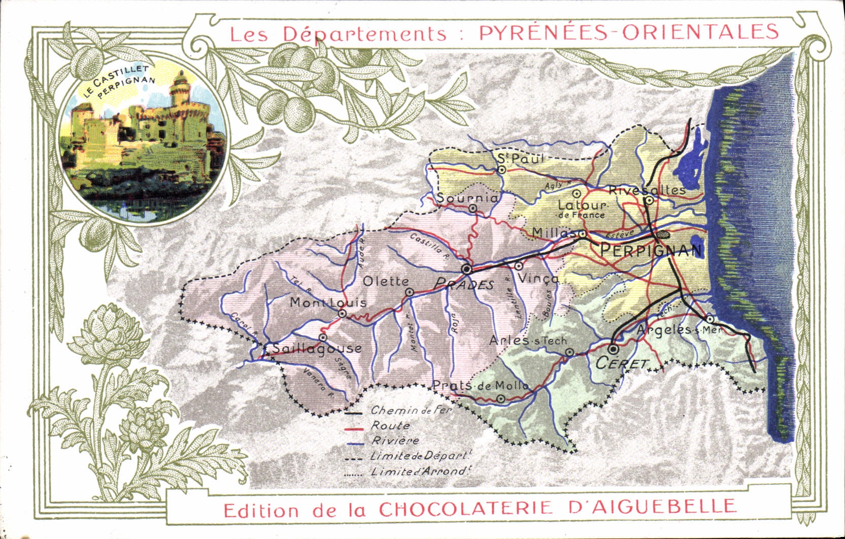 CPA Carte geographique Chocolaterie d'Aiguebelle Pyrenees Orientales Castillet de Perpignan