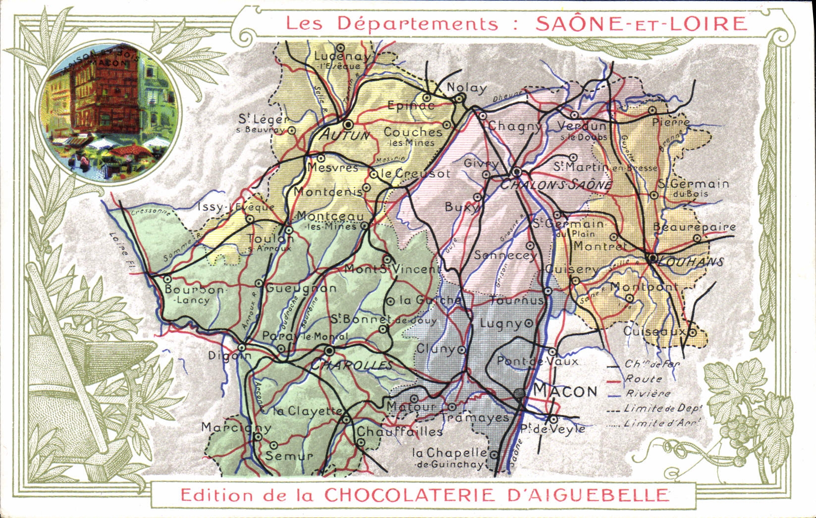 VINTAGE POSTCARD Geographical map Chocolate factory of Aiguebelle the Saone and the Loire