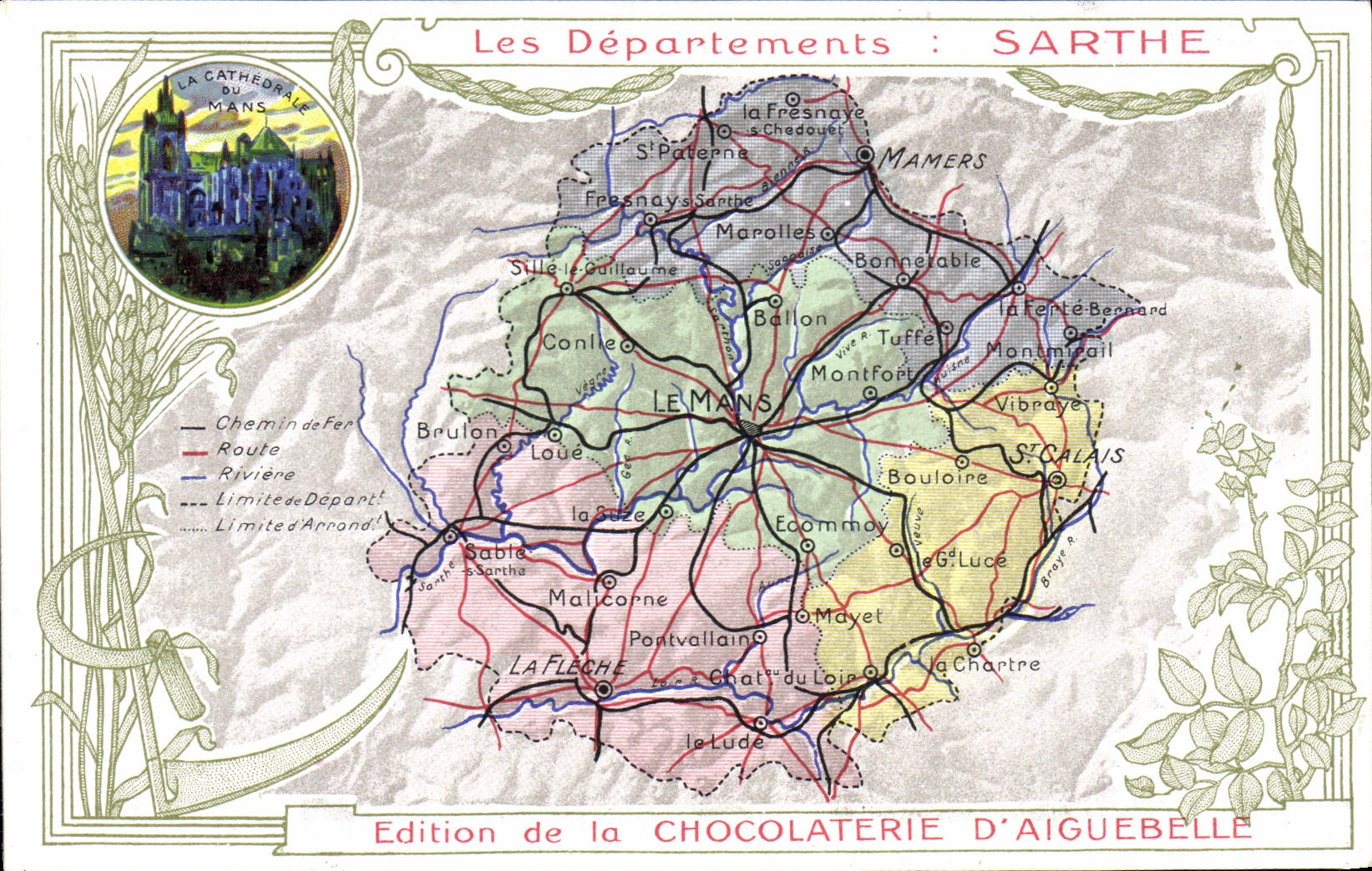 VINTAGE POSTCARD Geographical map Chocolate factory of Aiguebelle the Sarthe Mans