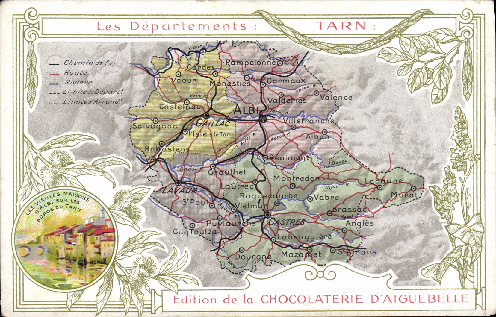 Fábrica geográfica del chocolate del mapa de la POSTAL de la VENDIMIA de gargantas de Aiguebelle el Tarn del Tarn