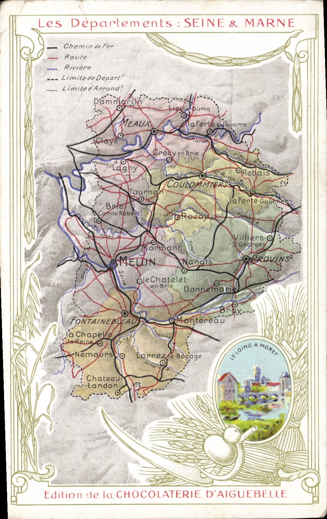 VINTAGE POSTCARD Geographical map Chocolate factory of Aiguebelle the Seine and Marne