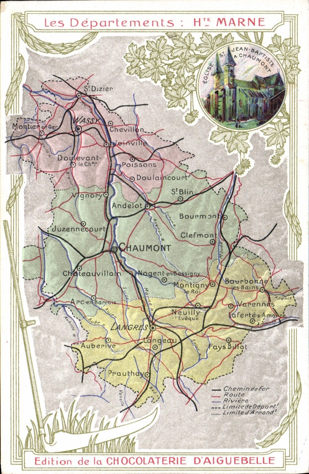 VINTAGE POSTCARD Geographical map Chocolate factory of Aiguebelle Haute-Marne Chaumont
