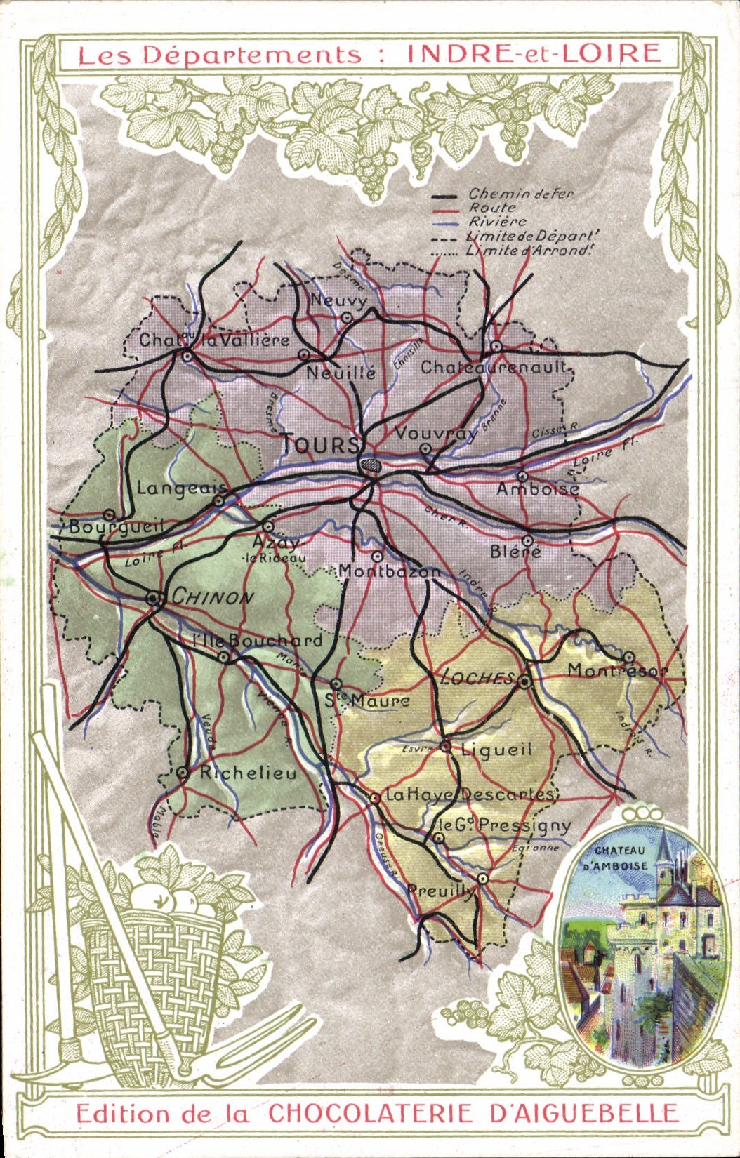 VINTAGE POSTCARD Geographical map Chocolate factory of Aiguebelle Indre and the Loire Amboise