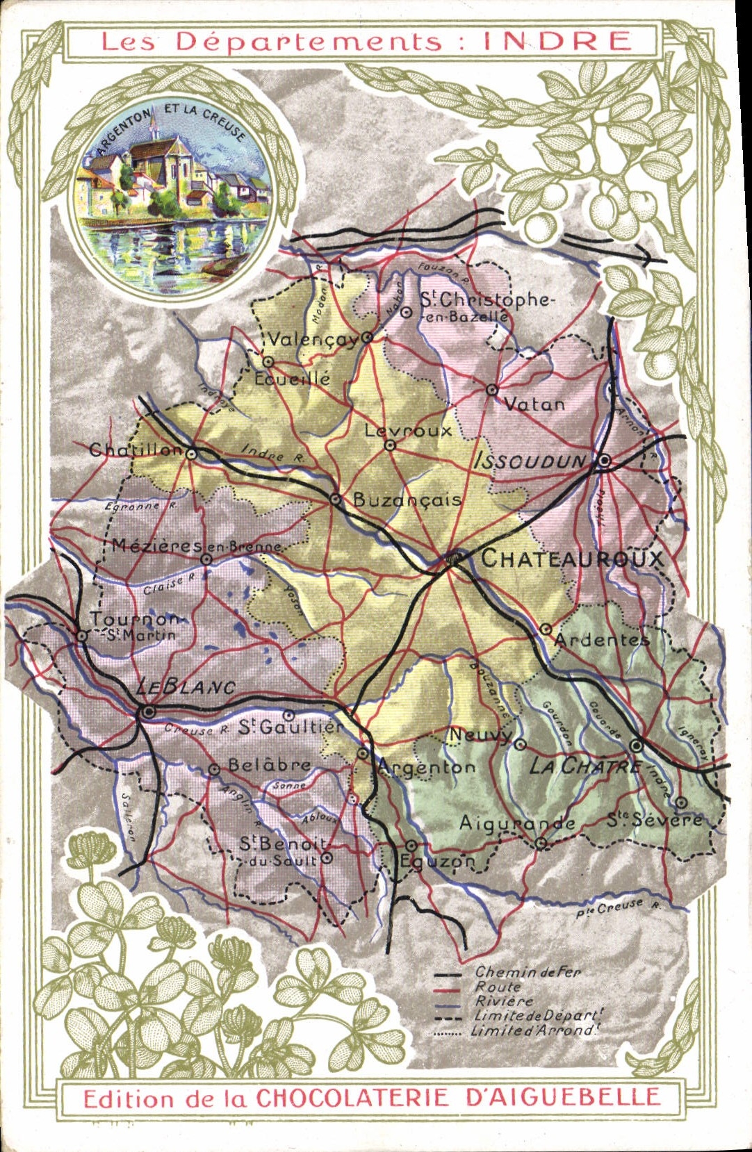 VINTAGE POSTCARD Geographical map Hollow Chocolate factory of Aiguebelle Indre