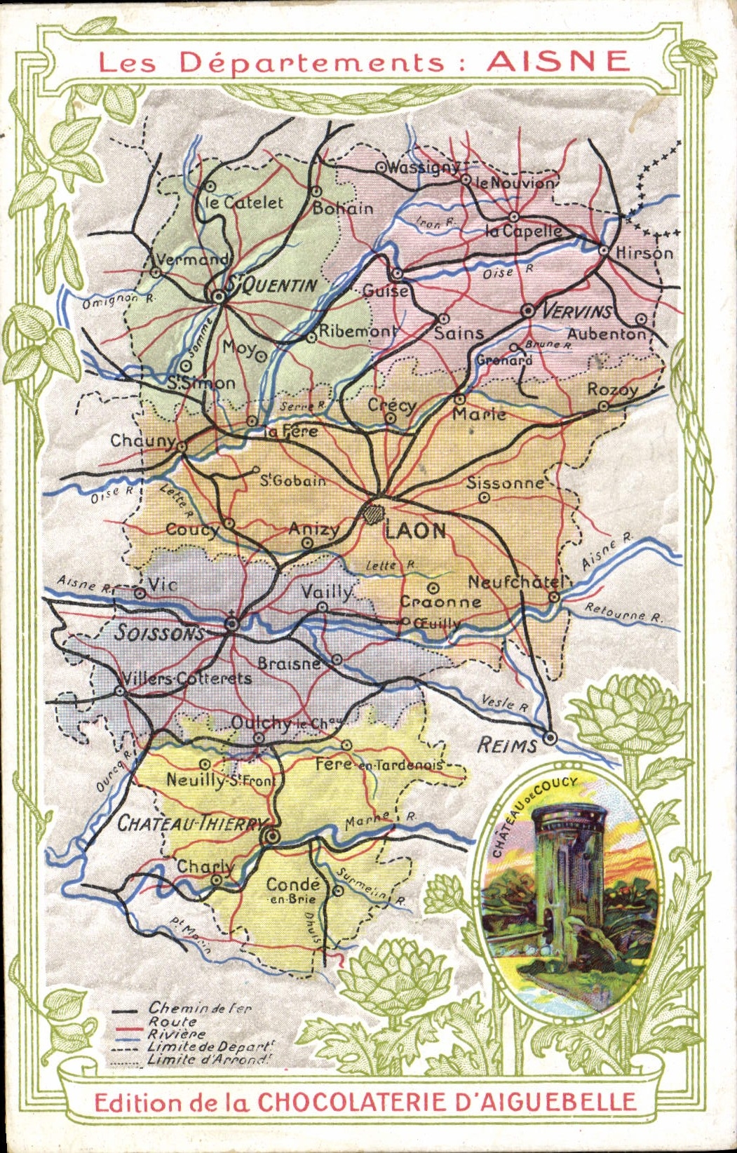 VINTAGE POSTCARD Geographical map Chocolate factory of Aiguebelle Aisne Castle of Coucy