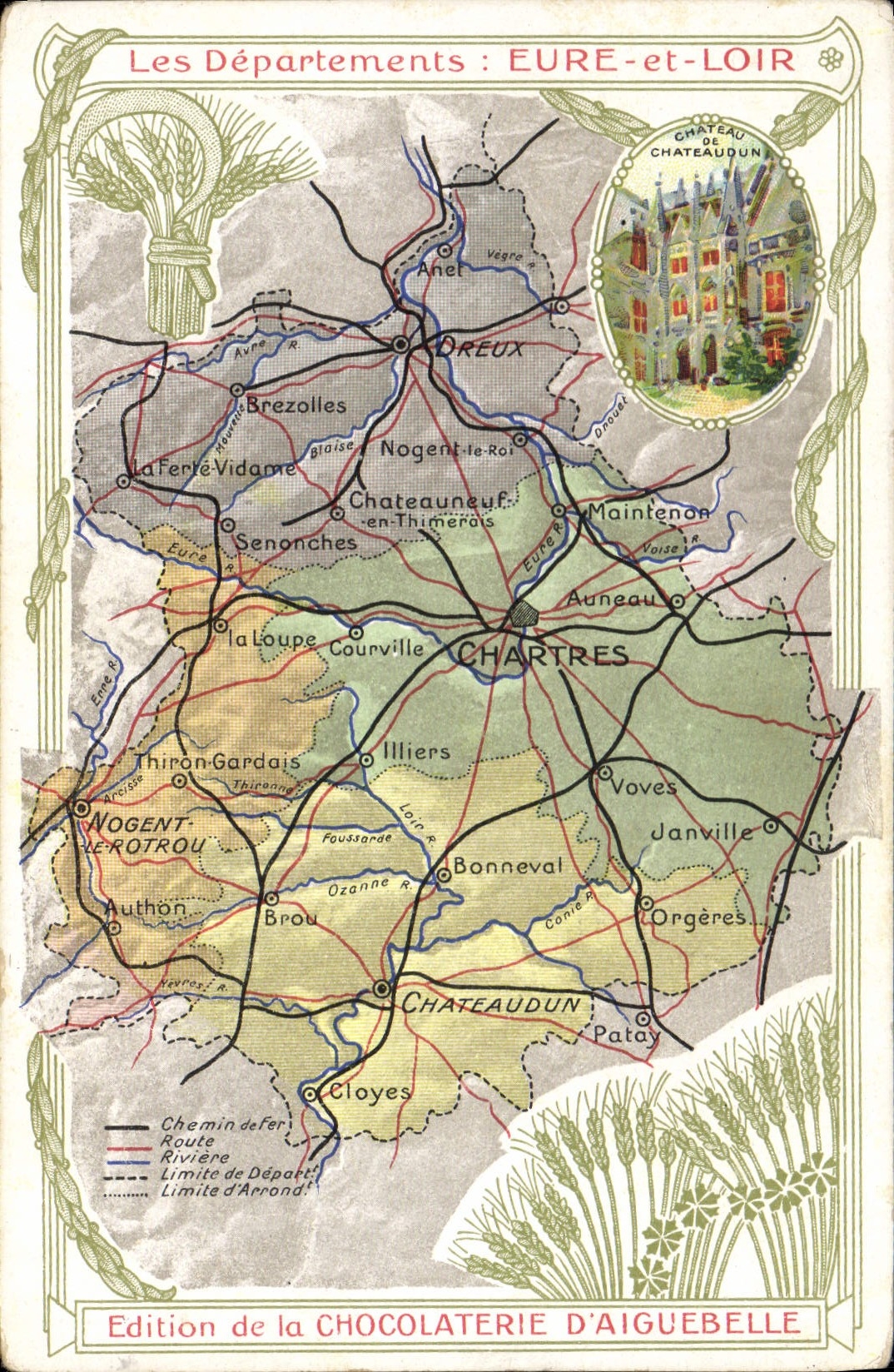 VINTAGE POSTCARD Geographical map Chocolate factory of Aiguebelle Chateaudun Eure-et-Loir