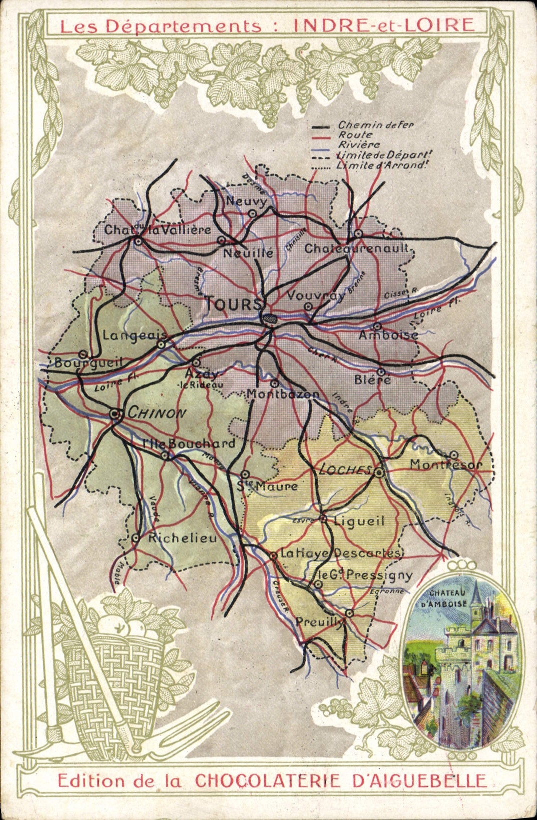 VINTAGE POSTCARD Geographical map Chocolate factory of Aiguebelle Amboise Indre-et-Loire