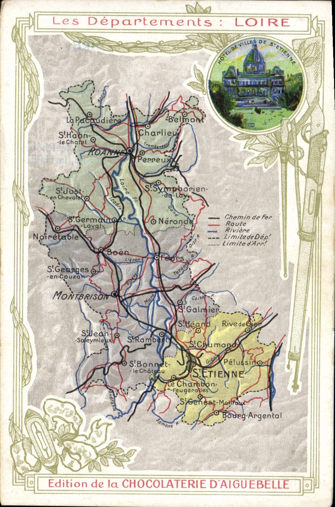 VINTAGE POSTCARD Geographical map Chocolate factory of Aiguebelle the Loire St Etienne