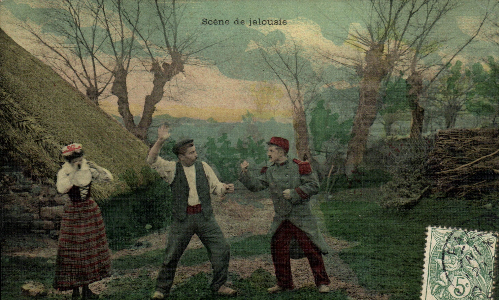 CPA Folklore Scene de jalousie Soldat Militaria