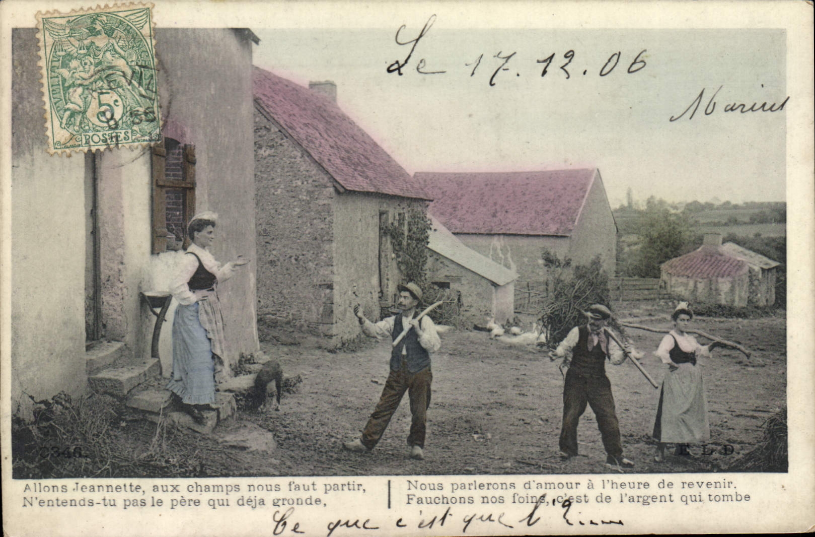 CPA Folklore Nous partons aux champs 