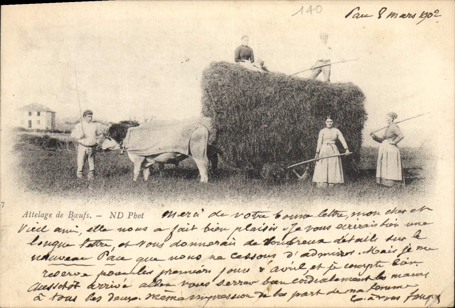 Coche del folklore de la POSTAL de la VENDIMIA del Haymaking de los bueyes