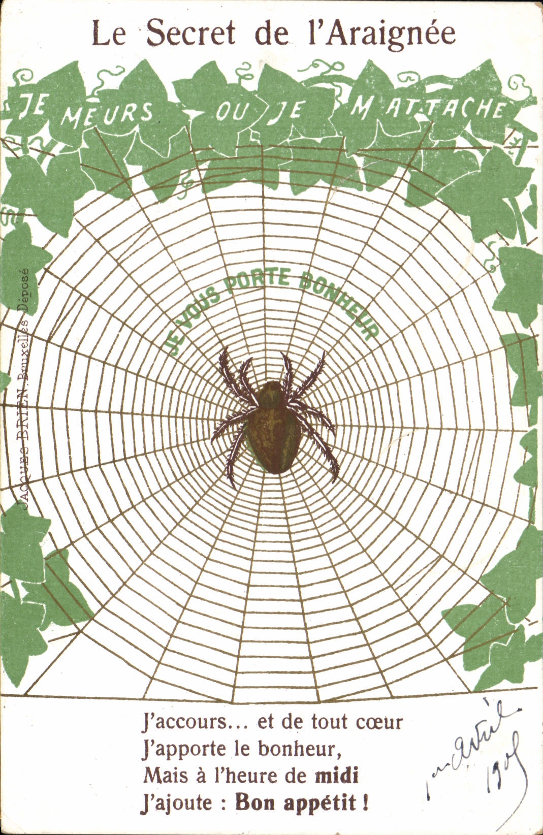 VINTAGE POSTCARD Fantaisie Carries Araignee happiness