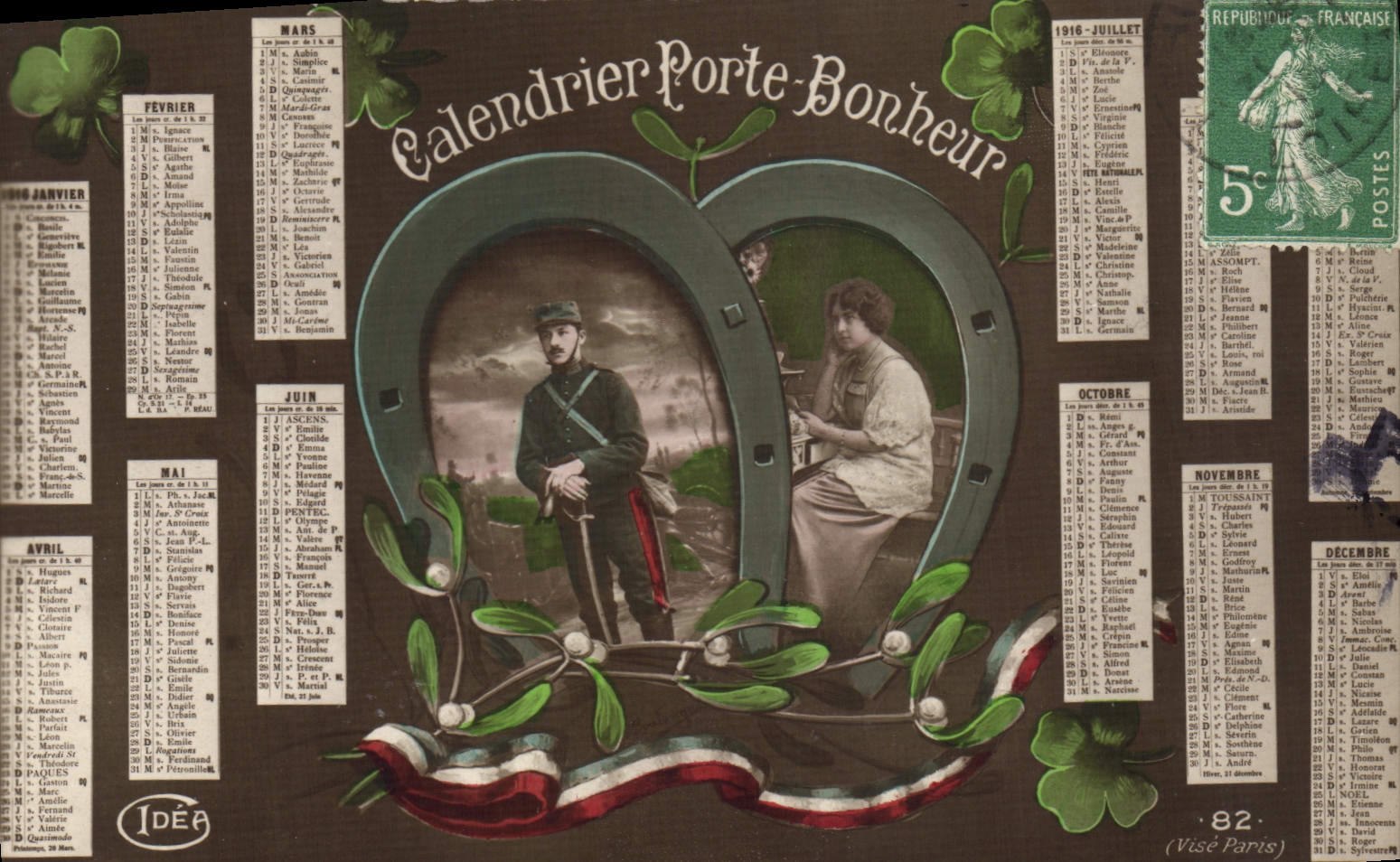 CPA Fantaisie Calendrier Porte bonheur Fer a cheval Soldat Militaria