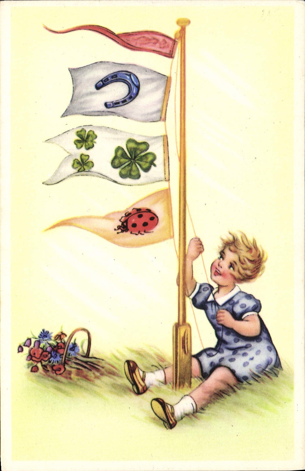VINTAGE POSTCARD Fantaisie Child Horseshoe Trefle Ladybird Carries Happiness