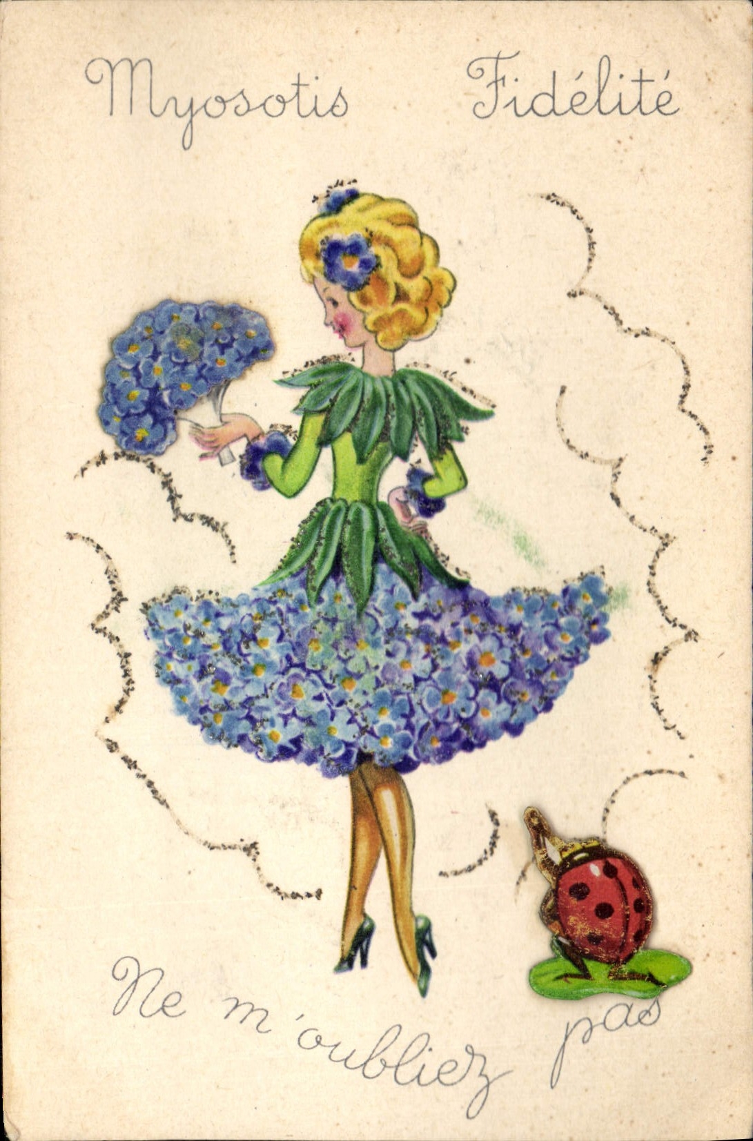 VINTAGE POSTCARD Fantasy Woman Forget-me-not Ladybird