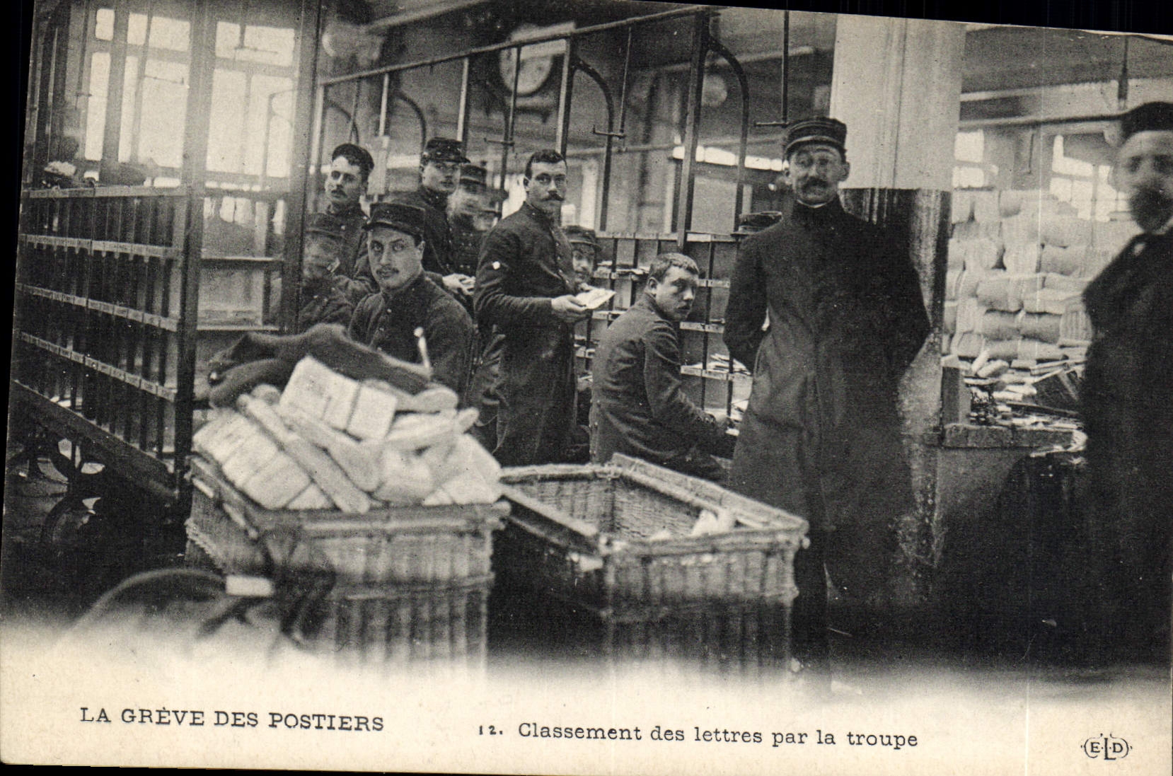 VINTAGE POSTCARD the strike of the post-office employees Classification of the letters by troop TOP
