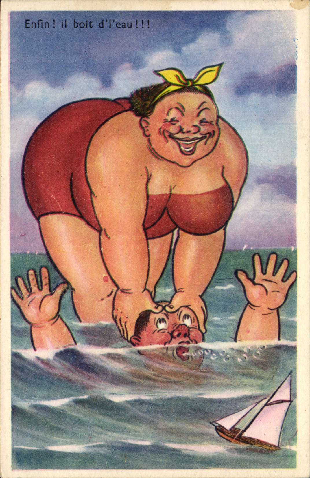 VINTAGE POSTCARD Humor Finally It drinks dl' water