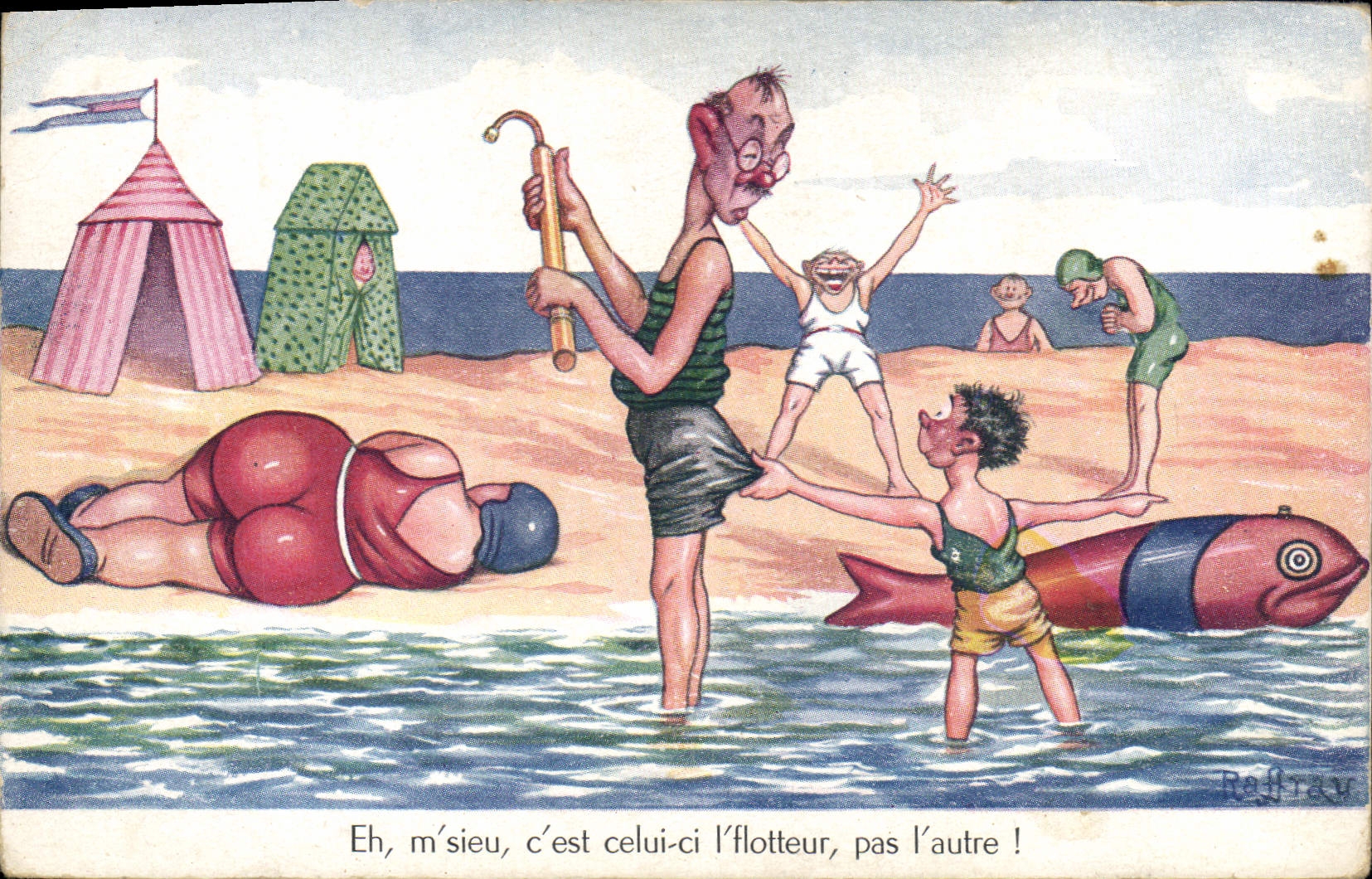 Mujer Poisson fuerte de la playa del humor de la POSTAL de la VENDIMIA