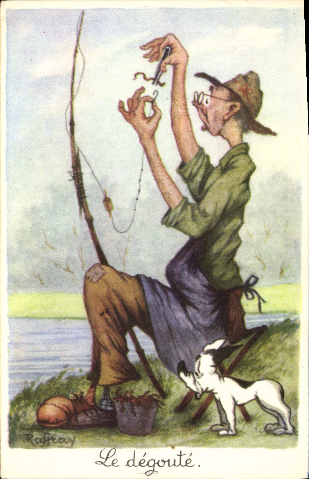 El humor de la POSTAL de la VENDIMIA pesca repugnancias Sinning él Chien