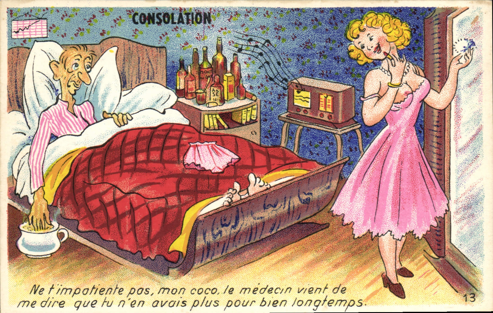 Doctor de la consolación del humor de la POSTAL de la VENDIMIA