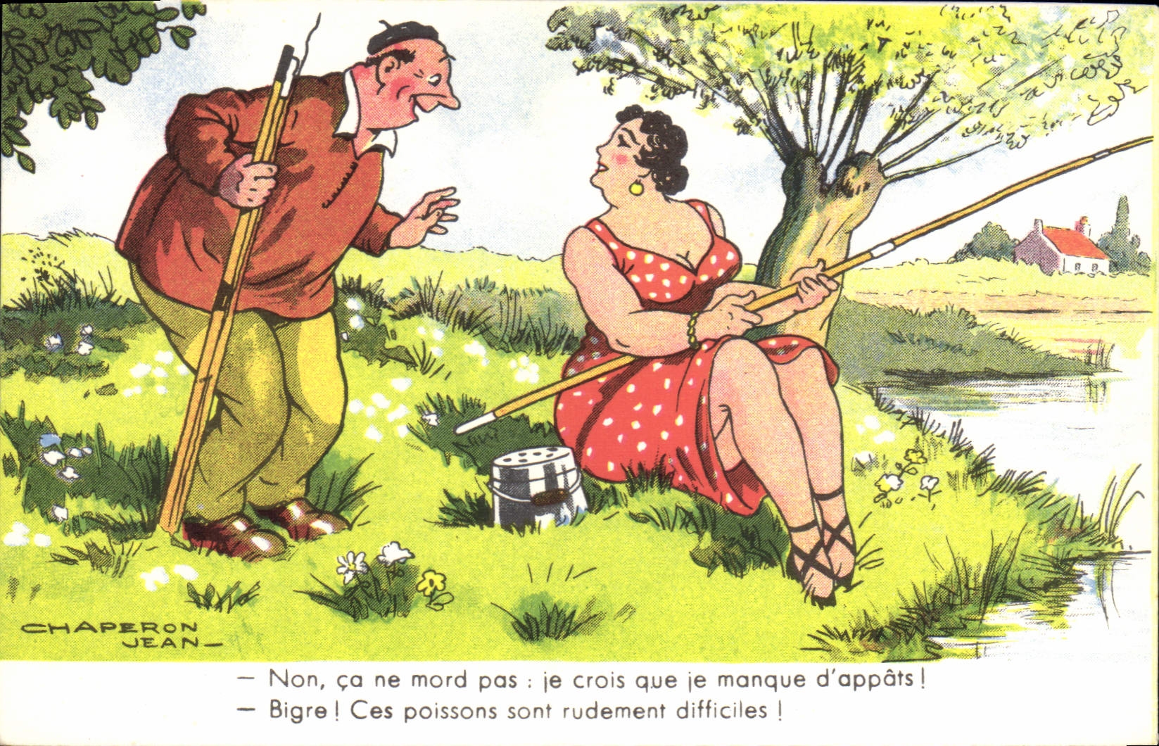 Caperuza Sinning de Jean de los pescados de la mujer del humor de la POSTAL de la VENDIMIA