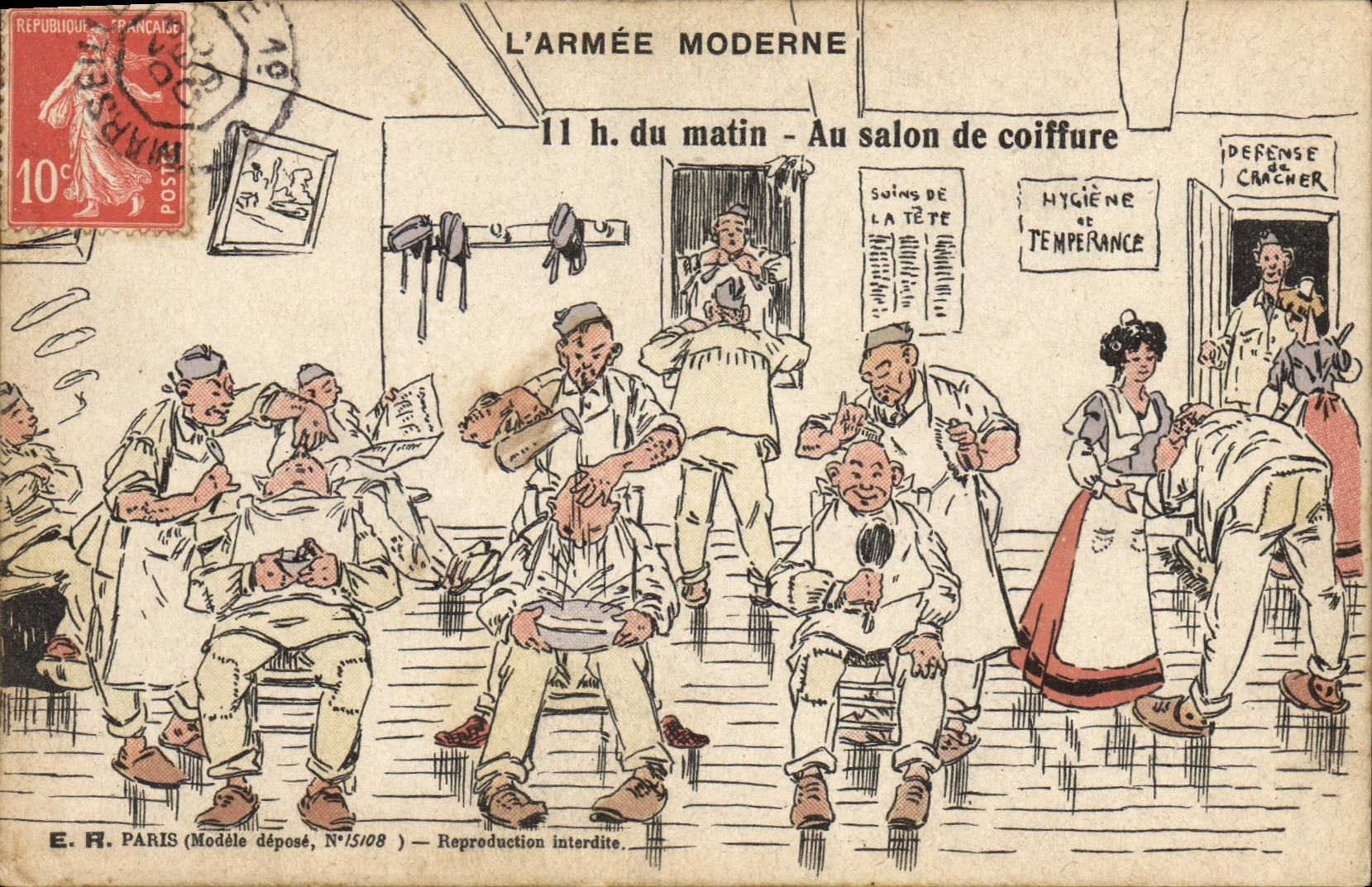 VINTAGE POSTCARD Militaria 11:00 of the morning To the hairdressing salon Hairdresser