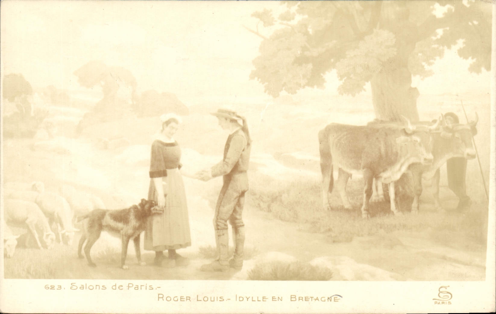 CPA Folklore Salons de Paris Roger Louis Idylle en Bretagne Vaches Chien