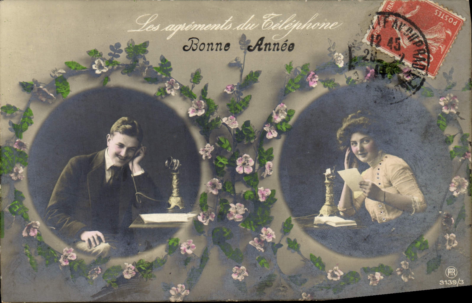 VINTAGE POSTCARD Fantaisie Telephones Man Woman