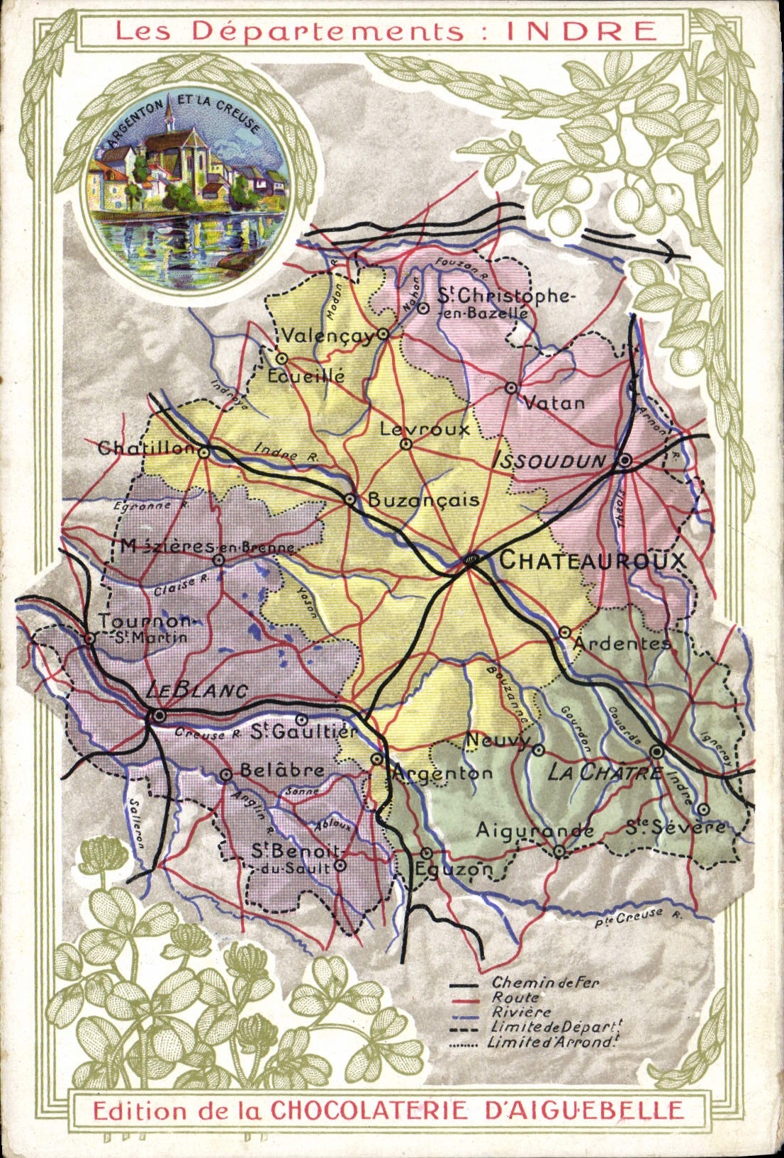 VINTAGE POSTCARD Geographical map Chocolate factory of Aiguebelle Indre