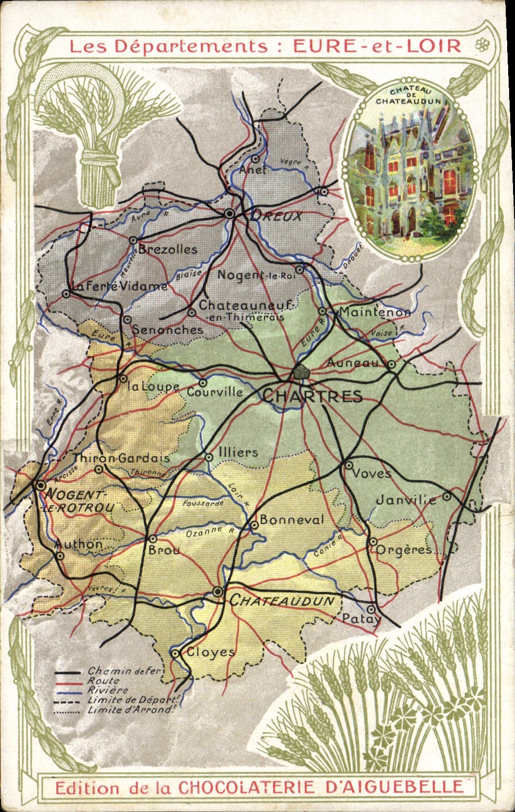 VINTAGE POSTCARD Geographical map Chocolate factory of Aiguebelle the Eure and Loir