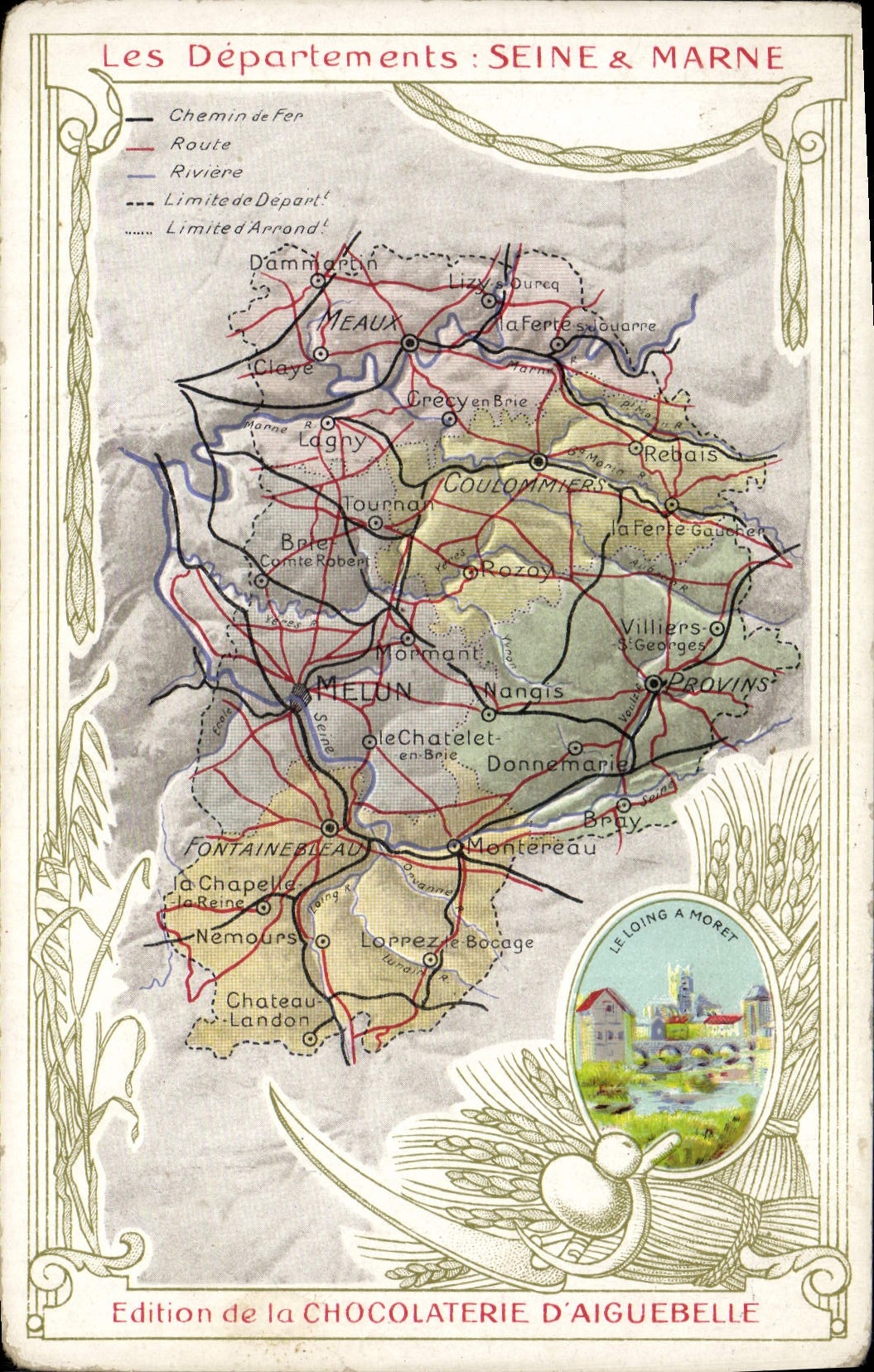 VINTAGE POSTCARD Geographical map Chocolate factory of Aiguebelle the Seine & the Marne