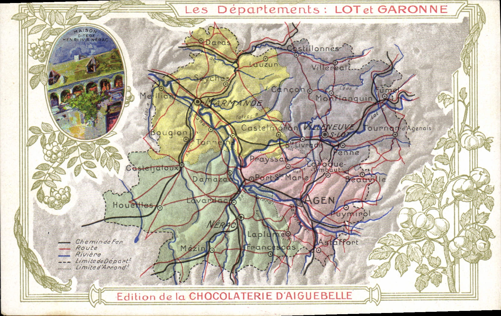 VINTAGE POSTCARD Geographical map Chocolate factory of Aiguebelle Lot et Garonne