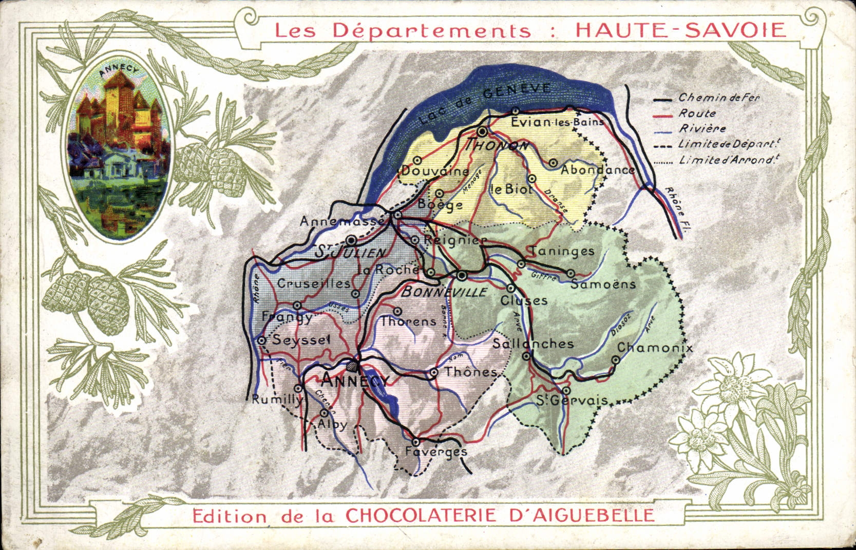 VINTAGE POSTCARD Geographical map Chocolate factory of Aiguebelle High Savoy Annecy