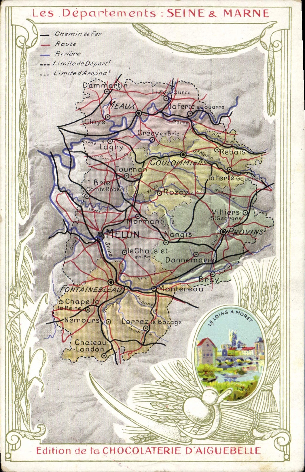 La fábrica geográfica del chocolate del mapa de la POSTAL de la VENDIMIA de Aiguebelle el Seine y el Marne Loing tiene Moret